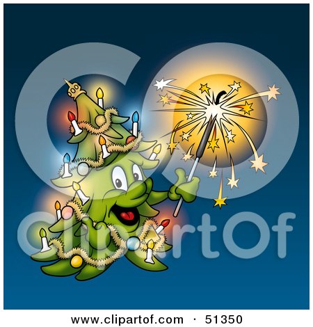 Royalty-Free (RF) Clipart Illustration of a Happy Christmas Tree Lighting A Sparkler by dero