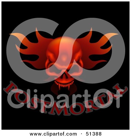 Royalty-Free (RF) Clipart Illustration of a Red Fanged Flaming Skull With POST MORTAL Text by dero