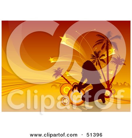 Royalty-Free (RF) Clipart Illustration of a Silhouetted Woman With Circles, Palm Trees And Shooting Stars On Orange by dero