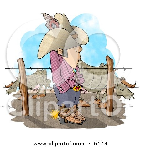 Texas Rancher Man Standing Beside Fenced In Cattle Clipart by djart