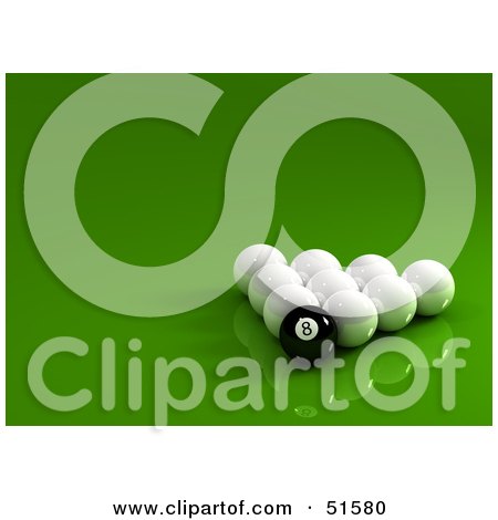 Royalty-Free (RF) Clipart Illustration of a Black Billiards Eight Ball Racked With White Cue Balls by stockillustrations