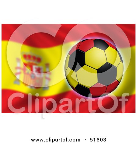 Royalty-Free (RF) Clipart Illustration of a Soccer Ball Flying In Front Of A Waving Spain Flag by stockillustrations