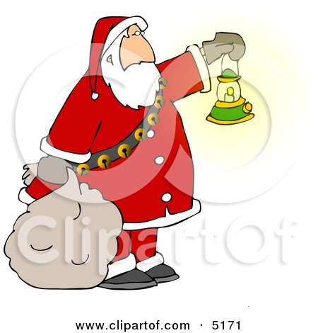 Santa Clause Carrying a Lit Gas Lantern While Delivering Christmas Presents at Night Clipart by djart