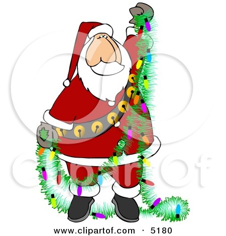 Santa Decorating with a Garland with Colorful Christmas Lightbulbs Clipart by djart
