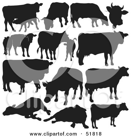 Royalty-Free (RF) Clipart Illustration of a Digital Collage Of Black And White Cow Silhouettes by dero