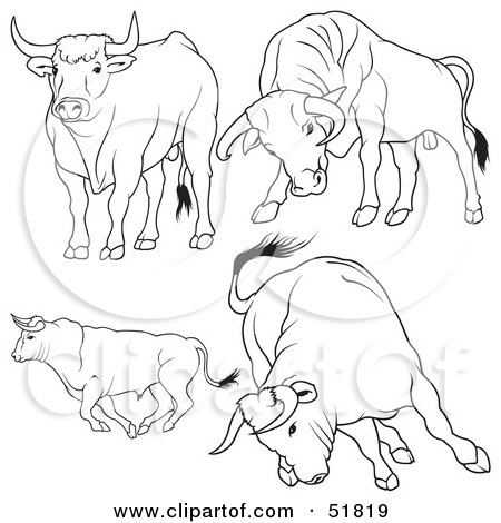 Royalty-Free (RF) Clipart Illustration of a Digital Collage Of Black And White Bull Outlines - Version 3 by dero