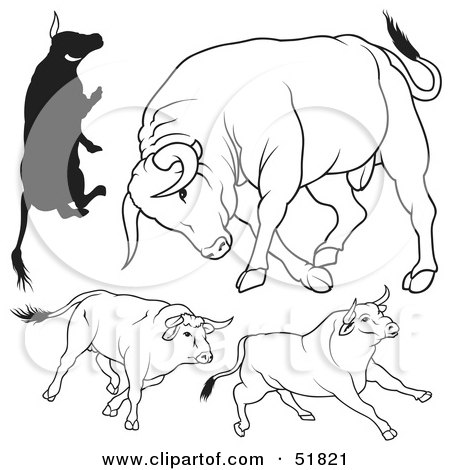 Royalty-Free (RF) Clipart Illustration of a Digital Collage Of Black And White Bull Outlines - Version 11 by dero