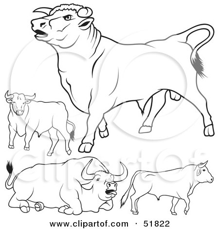 Royalty-Free (RF) Clipart Illustration of a Digital Collage Of Black And White Bull Outlines - Version 2 by dero