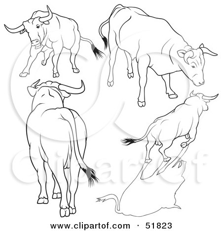 Royalty-Free (RF) Clipart Illustration of a Digital Collage Of Black And White Bull Outlines - Version 7 by dero