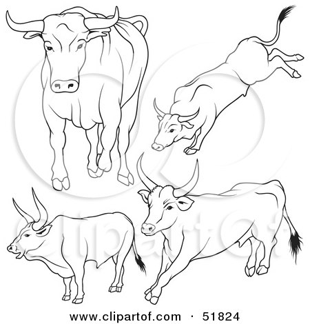 Royalty-Free (RF) Clipart Illustration of a Digital Collage Of Black And White Bull Outlines - Version 9 by dero