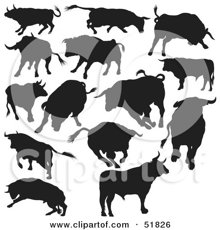 Royalty-Free (RF) Clipart Illustration of a Digital Collage Of Black And White Bull Silhouettes - Version 2 by dero