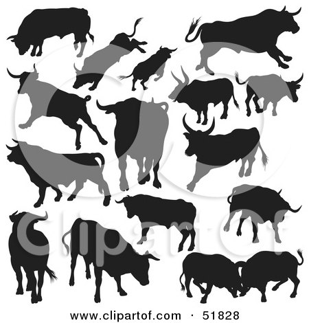Royalty-Free (RF) Clipart Illustration of a Digital Collage Of Black And White Bull Silhouettes - Version 3 by dero