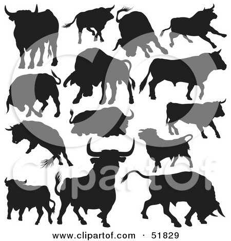 Royalty-Free (RF) Clipart Illustration of a Digital Collage Of Black And White Bull Silhouettes - Version 1 by dero