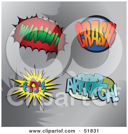 Royalty-Free (RF) Clipart Illustration of a Digital Collage Of Comic Sound Balloons; Whamm!!, Crash!, Bam!, Arrrrgh! by stockillustrations