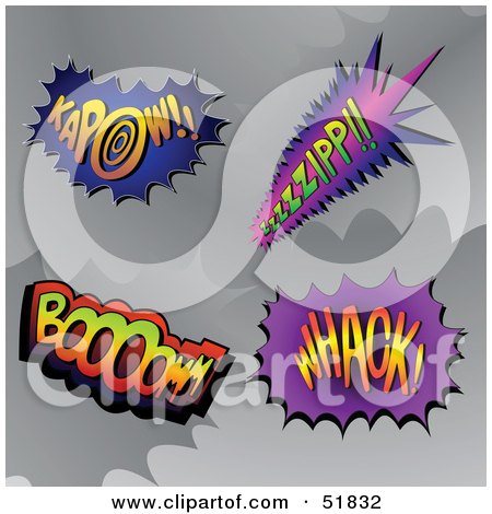 Royalty-Free (RF) Clipart Illustration of a Digital Collage Of Comic Sound Balloons; Kapow!!, Zzzzzipp!!, Boooomm, Whack! by stockillustrations
