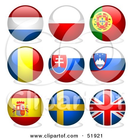 Royalty-Free (RF) Clipart Illustration of a Digital Collage of Round Flag Buttons; Netherlands, Poland, Portugal, Romania, Slovakia, Slovenia, Spain, Sweden, Great Britain by dero