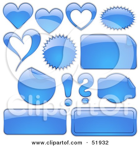 Royalty-Free (RF) Clipart Illustration of a Digital Collage Of Blue Design Elements; Hearts, Bursts, Seals, Labels And Punctuation by dero