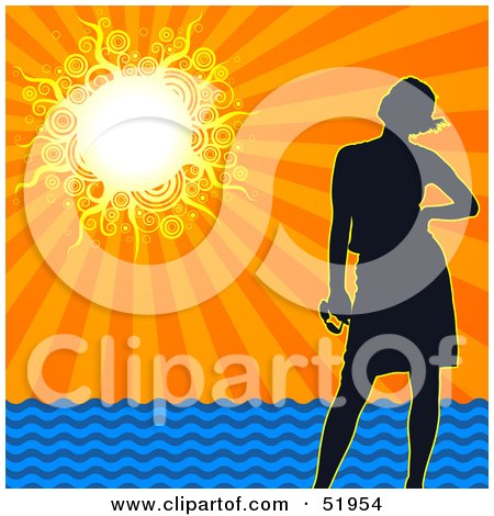 Royalty-Free (RF) Clipart Illustration of a Silhouetted Woman Standing On A Beach Under A Sunset Ocean Sky by dero