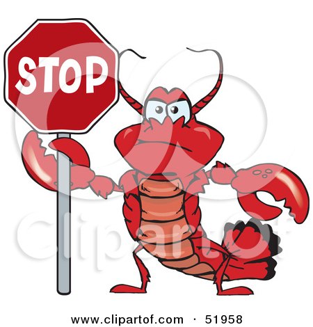 Royalty-Free (RF) Clipart Illustration of an Angry Lobster Holding Up A Stop Sign by Dennis Holmes Designs
