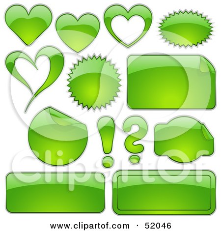 Royalty-Free (RF) Clipart Illustration of a Digital Collage Of Green Design Elements; Hearts, Bursts, Seals, Labels And Punctuation by dero