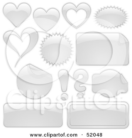 Royalty-Free (RF) Clipart Illustration of a Digital Collage Of White Design Elements; Hearts, Bursts, Seals, Labels And Punctuation by dero