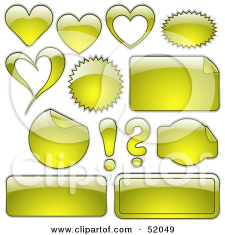 Royalty-Free (RF) Clipart Illustration of a Digital Collage Of Yellow Design Elements; Hearts, Bursts, Seals, Labels And Punctuation by dero