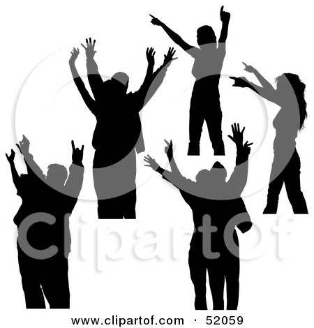Royalty-Free (RF) Clipart Illustration of a Digital Collage of Silhouetted Dancers With Their Hands Up - Version 3 by dero