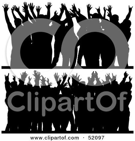 Royalty-Free (RF) Clipart Illustration of a Digital Collage of Silhouetted Crowds With Their Hands Up by dero