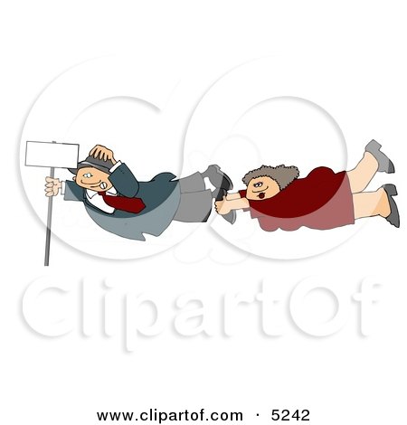 Woman & Man Holding Onto a Blank Sign Pole While Being Blown Around in a Severe Tropical Wind Storm Clipart by djart