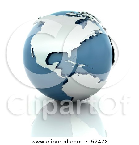 Royalty-Free (RF) Clipart Illustration of Silver Continents On A Blue Globe, Over A Reflective Surface by KJ Pargeter
