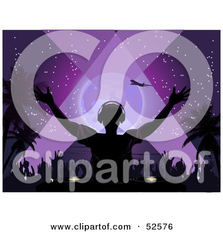 Royalty-Free (RF) Clipart Illustration of a Silhouetted Dj Playing Music At A Tropical Beach Party In The Purple Night by elaineitalia