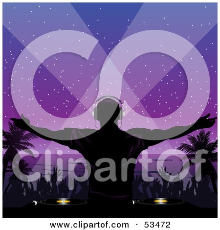 Royalty-Free (RF) Clipart Illustration of a Silhouetted Dj And A Dance Party On A Beach At Night, Under A Purple Sky by elaineitalia