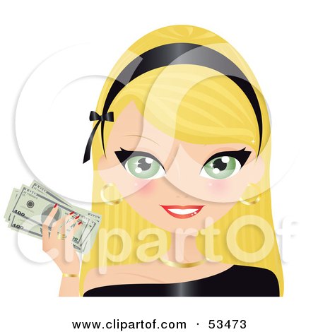 Royalty-Free (RF) Clipart Illustration of a Friendly Blond Woman Wearing A Black Headband And Holding Up Cash by Melisende Vector