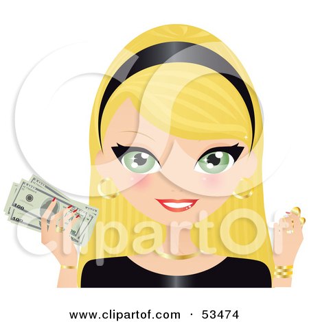 Royalty-Free (RF) Clipart Illustration of a Green Eyed, Blond Haired Woman Wearing A Black Headband And Holding Gold Coins And Cash by Melisende Vector