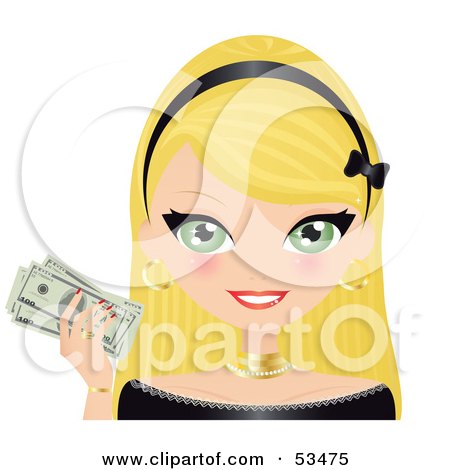 Royalty-Free (RF) Clipart Illustration of a Blond Woman With Green Eyes, Wearing A Black Headband And Holding Up Cash by Melisende Vector