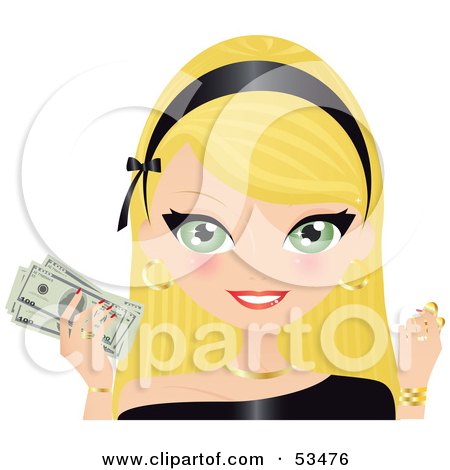 Royalty-Free (RF) Clipart Illustration of a Blond Woman Wearing A Black Headband, Holding Gold Coins And Cash by Melisende Vector