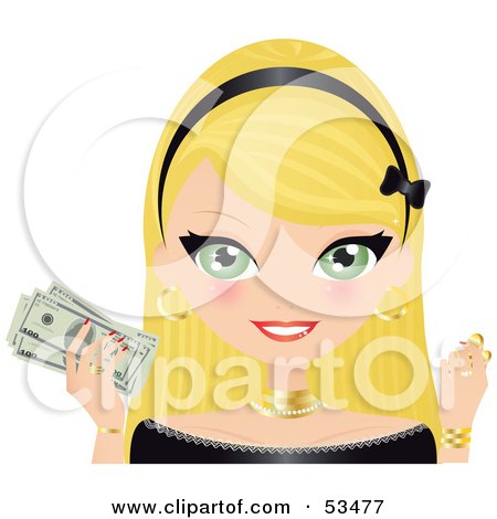 Royalty-Free (RF) Clipart Illustration of a Pretty Blond Woman Wearing A Black Headband, Holding Gold And Banknotes by Melisende Vector