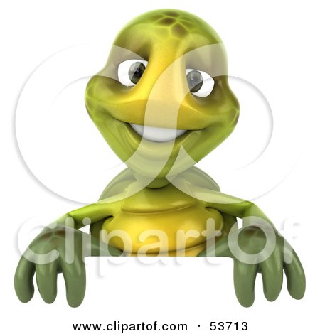 Royalty-Free (RF) Clipart Illustration of a 3d Green Tortoise Smiling And Standing Behind A Blank Sign by Julos