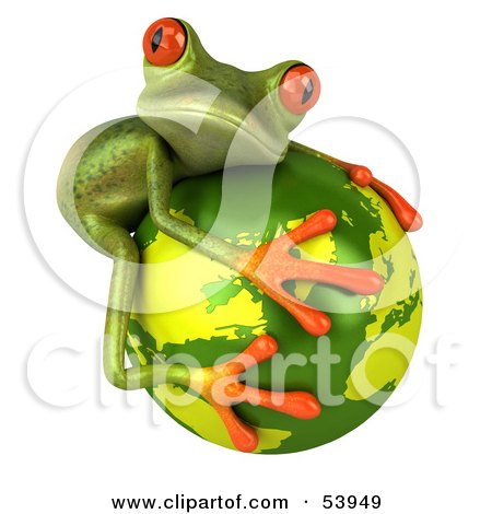 Royalty-Free (RF) Clipart Illustration of a Cute 3d Green Tree Frog Hugging The Planet - Pose 2 by Julos
