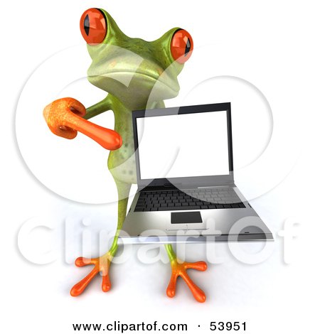 Royalty-Free (RF) Clipart Illustration of a Cute 3d Green Tree Frog Presenting A Laptop - Pose 4 by Julos