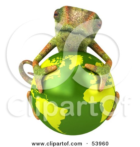 Royalty-Free (RF) Clipart Illustration of a 3d Chameleon Lizard Character Resting On Top Of A Globe by Julos
