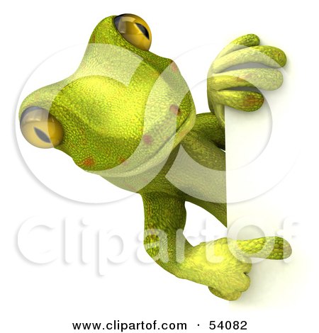 Royalty-Free (RF) Clipart Illustration of a 3d Gecko Character Looking Around And Pointing At A Blank Sign by Julos