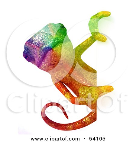 Royalty-Free (RF) Clipart Illustration of a 3d Rainbow Chameleon Lizard Character Looking Around A Blank Sign by Julos