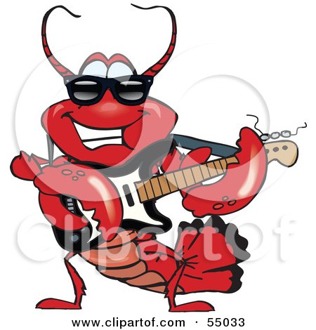 Royalty-Free (RF) Clipart Illustration of a Red Lobster Character Wearing Shades and Playing an Electric Guitar by Dennis Holmes Designs