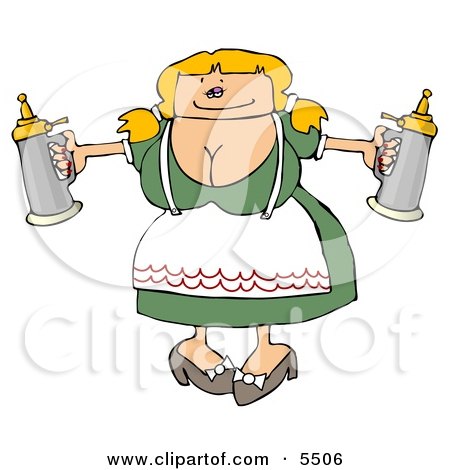 Oktoberfest Maiden with Big Boobs Carrying Two Beer Steins Clipart Illustration by djart