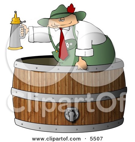 Man Serving Beer Steins from a Wooden Barrel Clipart Illustration by djart