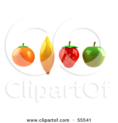 Royalty-Free (RF) Clipart Illustration of Floating 3d Orange, Banana, Strawberry And Green Apple Fruits - Version 3 by Julos