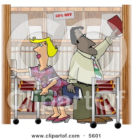 Employees, Man and Woman, Restocking Shelves at a Bookstore Clipart Illustration by djart