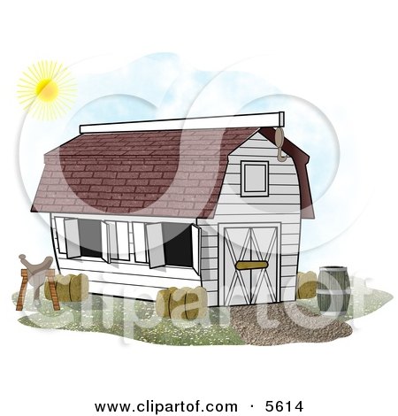 White Horse Stable Barn With a Barrel, Saddle and Hay Clipart Illustration by djart