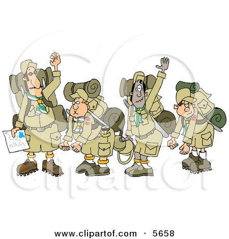 Boy Scout Troops and Scout Leader Waving Goodbye Before Backpacking Clipart Illustration by djart